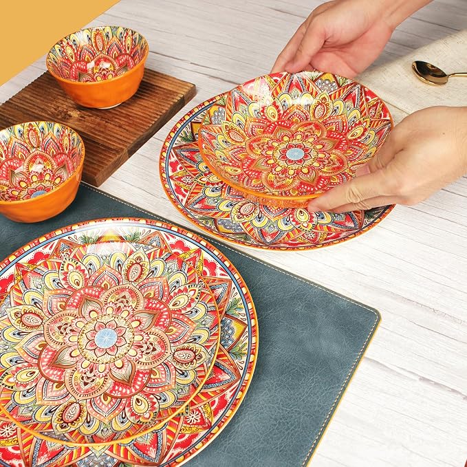 YA JU Mandala Dinnerware Sets (12 Pcs) Serves 4, Buffet Dinnerware, Boho Plates and Bowls Dish Set with 8" salad Plate 10" dinner Plate 4.8" bowl, apply Casual dining Indoor Outdoor Dining Part