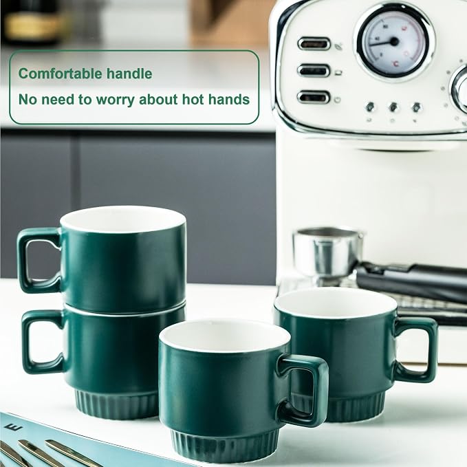 Miamolo Stackable Coffee Mugs Set of 4 with Holder Spoons 11oz Ceramic Cappuccino Cups for Espresso Latte Tea Drinks, Father's Day,Dishwasher & Microwave Safe, Green