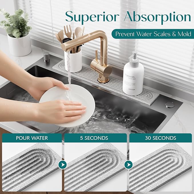 Stone Kitchen Sink Faucet Mat, Premium Upgraded Diatomite Drying Stone Mat & Sink Protector Splash Guard - Prevent Moisture Drying Stone Tray for Kitchen Counter (23.6" x 3.9", Dishwasher Safe)