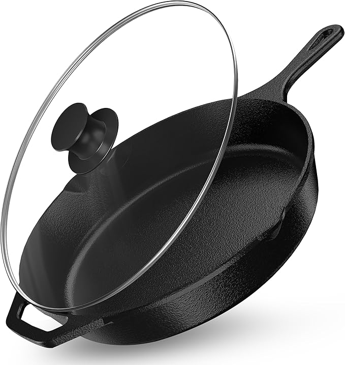 Utopia Kitchen Premium Saute Frying Pan 12 Inch, Cast Iron Chefs Pan, Pre Seasoned Cast iron Skillet With Lid, Safe Grill Cookware for Indoor & Outdoor Use, Black