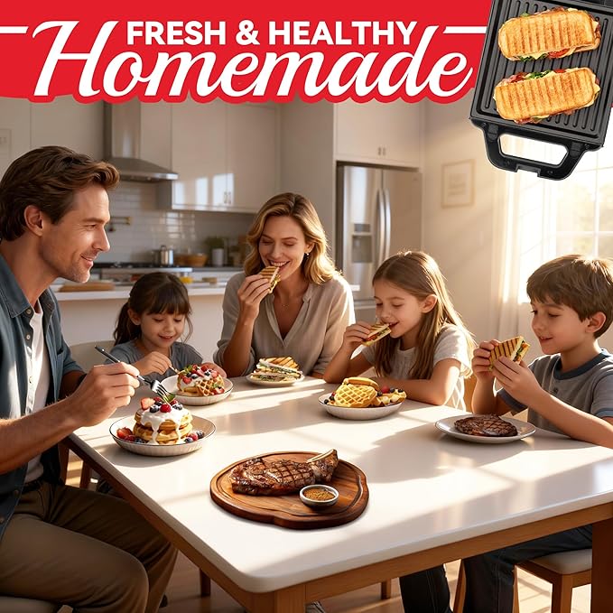 SugarWhisk 2 in 1 Mini Waffle Maker with Removable Plates, Panini Press Sandwich Maker, Sandwich Press, Waflera Electrica, Sandwichera Electrica, 4 X 4 Inch Classic Waffle Maker for Kids, Graphite
