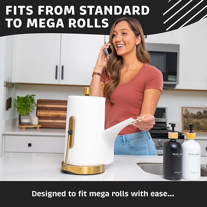 Stainless Steel Tension Arm Paper Towel Holder - Easy One-Handed Operation - This Sturdy Weighted Paper Towel Dispenser Countertop Model Has Suction Cups and Holds All Paper Towel Rolls (Gold)