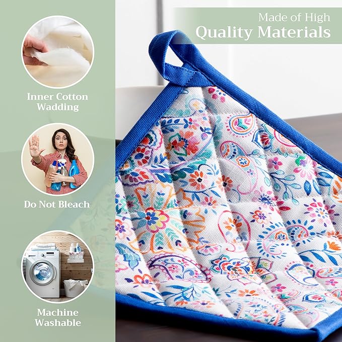 Maison d' Hermine Pot Holders 100% Cotton Heat Resistant Potholders 8" x 8" Hot Pads with Loop BBQ Cooking Baking Gifts for Mothers Day Handling Hot Pans Spring/Summer (Pack of 1, Indian Floral)