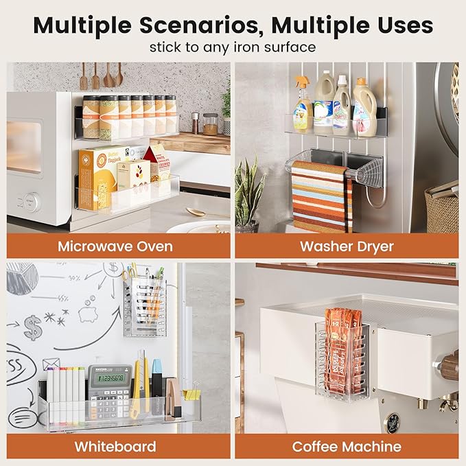 Mystozer Magnetic Spice Rack for Refrigerator, 4 Pack Magnetic Shelf and 1Pack Paper Towel Holder,Fridge Organizers and Storage Clear(5 Pack)
