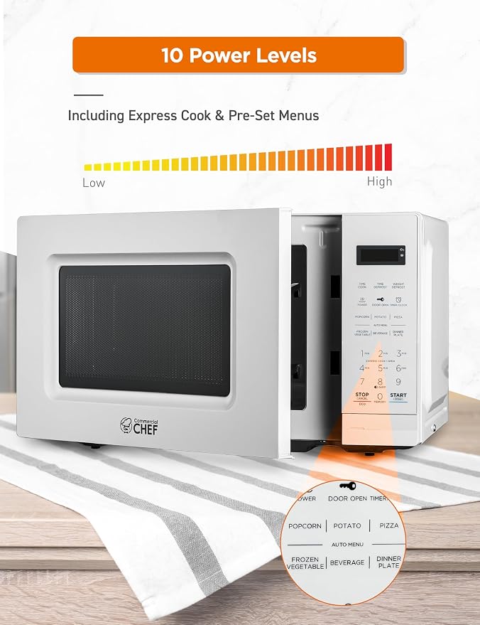 Commercial Chef 0.7 Cu. Ft. Countertop Microwave Oven, Touch Controls with Digital LED Display, 700W Small Microwave with 10” Turntable Plate, Push Button Door, 10 Power Levels, CHM7MW, White