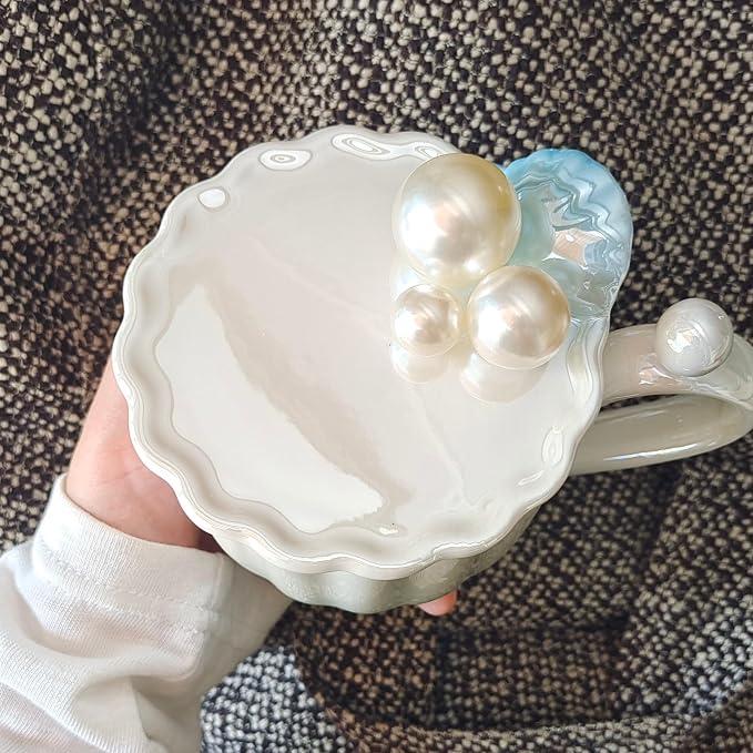 Pearl Ceramic Coffee Mug for Tea Latte Milk Cute Love Shape Cup for Home Office Women Gift 6.5 oz (Shell Pearl White, 420 ml)