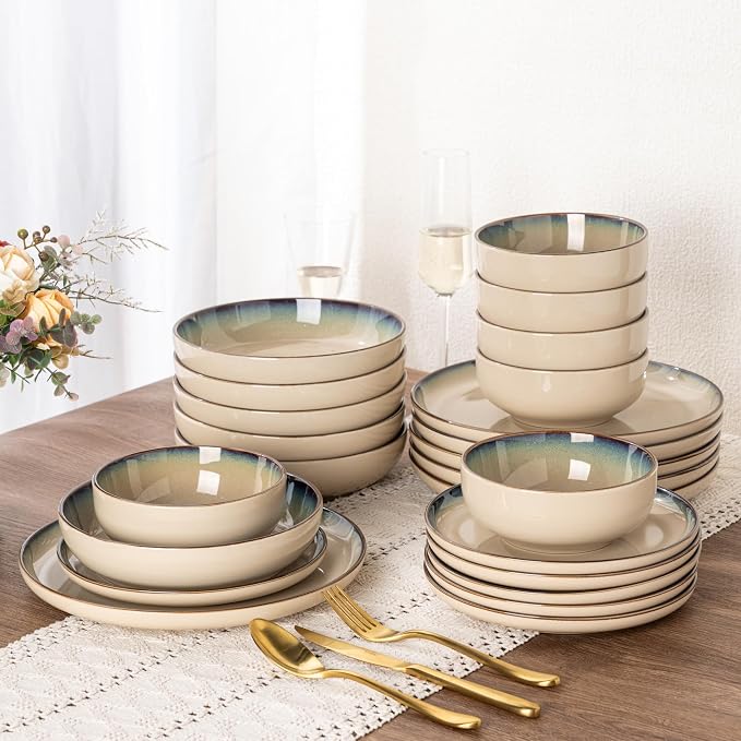 GBHOME 32 Pieces Stoneware Double Bowls Dinnerware Sets for 8, Ceramic Plates and Bowls Set with Reactive Glaze, Scratch Resistant Dishes Set, Dishwasher & Microwave Safe