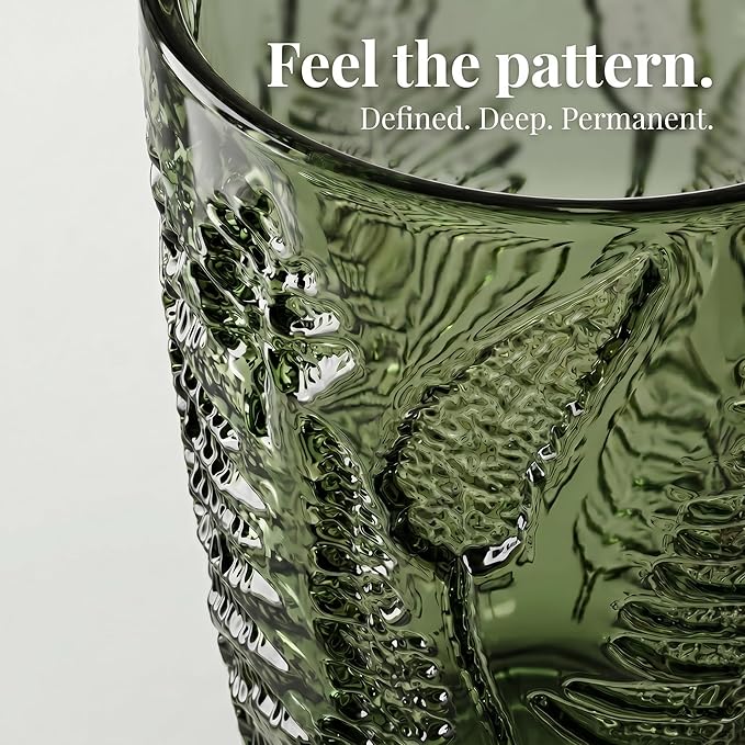 Green Drinking Glasses Set of 4, 12 oz Vintage Hand-Pressed Glass Cups, Fern Textured Highball Tumblers, Antique Style Boho Glassware for Water, Juice, Cocktails & Mocktails, Housewarming Gift Set