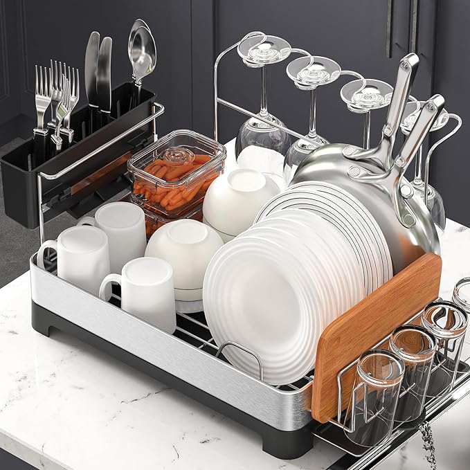 Urackify Dish Drying Rack for Kitchen Counter, 304 Stainless Steel Dish Rack, Multi-Function Dish Drainer with Wine Glass Holder, Large Dish Strainer with Cup Holder, Cutlery Holder, Large Size
