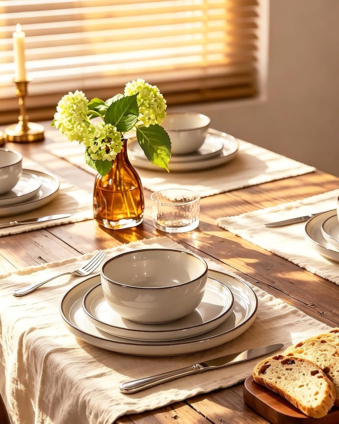 Famiware Milkyway Stoneware Dinnerware Set, 12-Piece, Double Reactive Glaze, Plates and Bowls, Service for 4, Microwave and Dishwasher Safe, Scratch-Resistant, Light khaki