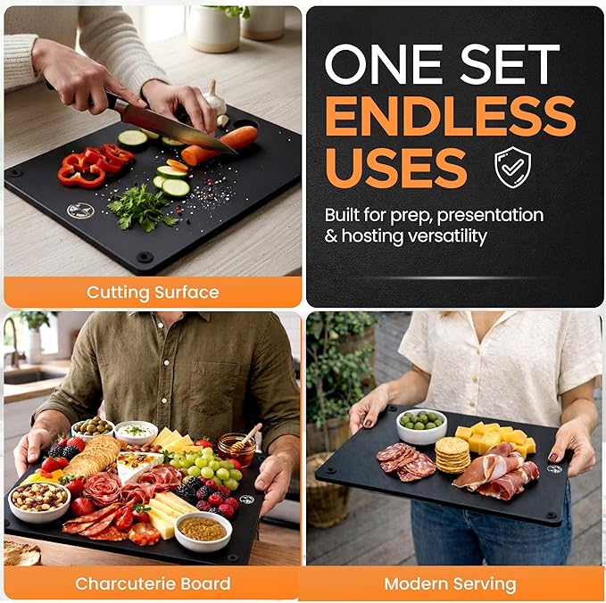 Composite Wood Cutting Board Set of 3 – Dishwasher Safe, Non-Toxic & Plastic-Free Cutting Boards for Kitchen – Extra Large, Large & Small Non-Slip Wood Charcuterie & Chopping Boards (Black)