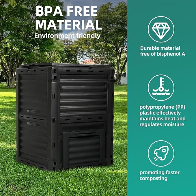 Compost Bin Outdoor 80 Gallon (300L) Large Compost Bin Composter with w/Top Flip Latch-on Lid BPA-Free Composter Barrel for Garden, Kitchen, and Yard Waste, Black, Easy Assembly