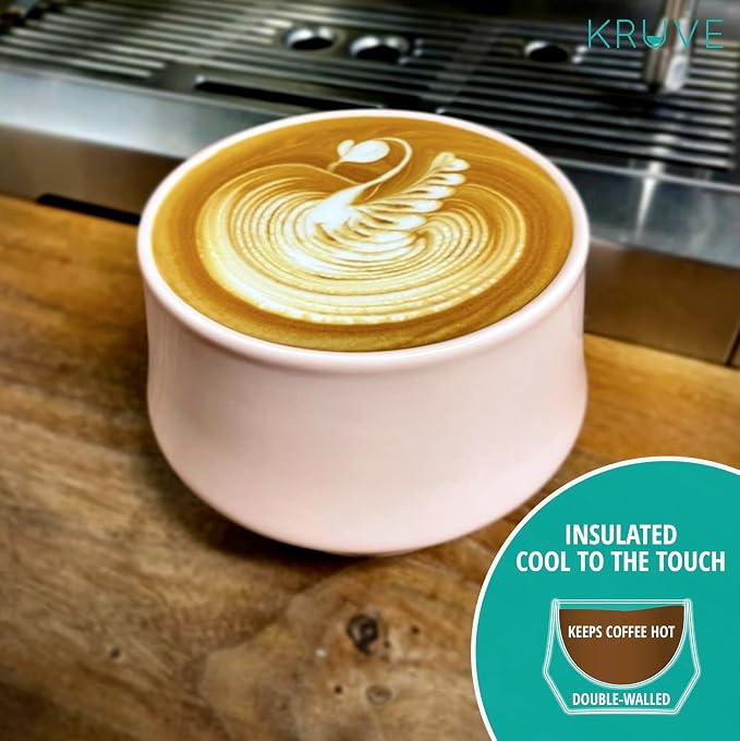 KRUVE Porcelain Latte Coffee Cups, Double Walled Insulated, Spherical Design for Latte Art, 8.5oz (Pink, Set of Two)