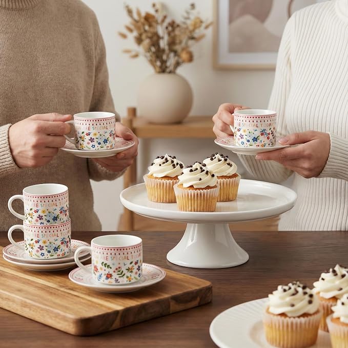 4oz Floral Coffee Cups & Saucers Set of 6, Ceramic Espresso Mugs Demitasse Cups for Latte, Tea, Espresso Shot Cup for Espresso Machine & Coffee Maker, Women Gifts for Christmas, Birthday