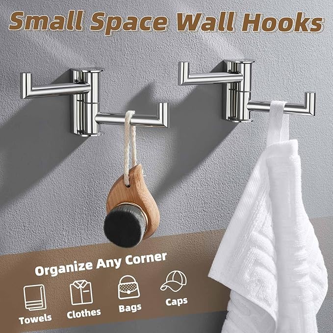 APLusee Swivel Towel Hook Polished Chrome 2 Pack, 304 Stainless Steel Bathroom Robe Hook Towel Holder, Folding Wall Hook Wall Mounted
