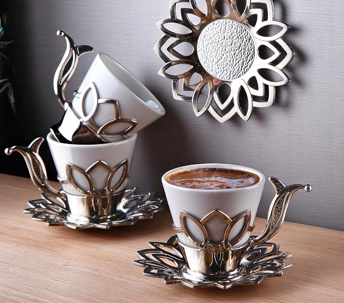 Alisveristime (Set of 6) Turkish Coffee Set with Porcelain Cups, Zamac Holders & Saucers – 80ml Capacity, Ottoman Motif, 4 Color Options (Silver)