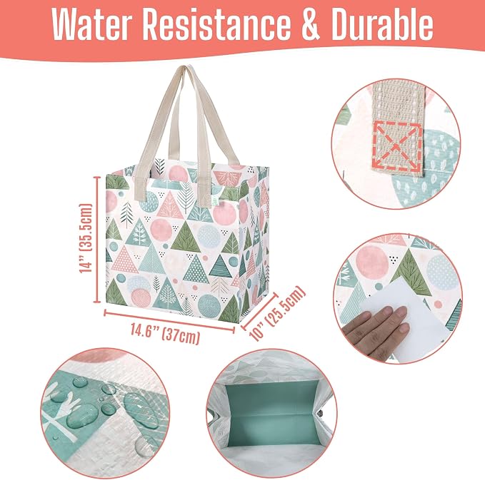 VENO 4 Pack Reusable Grocery Bags, Heavy-Duty Shopping Bags with Handles, for Shopping Cart with Hard Bottom to Stand Upright, Foldable (Pastel Forest, 4 Pack)
