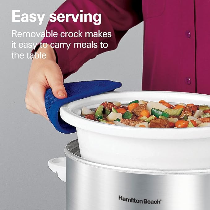 Hamilton Beach 4-Quart Slow Cooker with 3 Cooking Settings, Dishwasher-Safe Stoneware Crock & Glass Lid, Stainless Steel (33140G) | Dishwasher-Safe Stoneware Crock & Glass Lid | Stainless Steel | 33140G