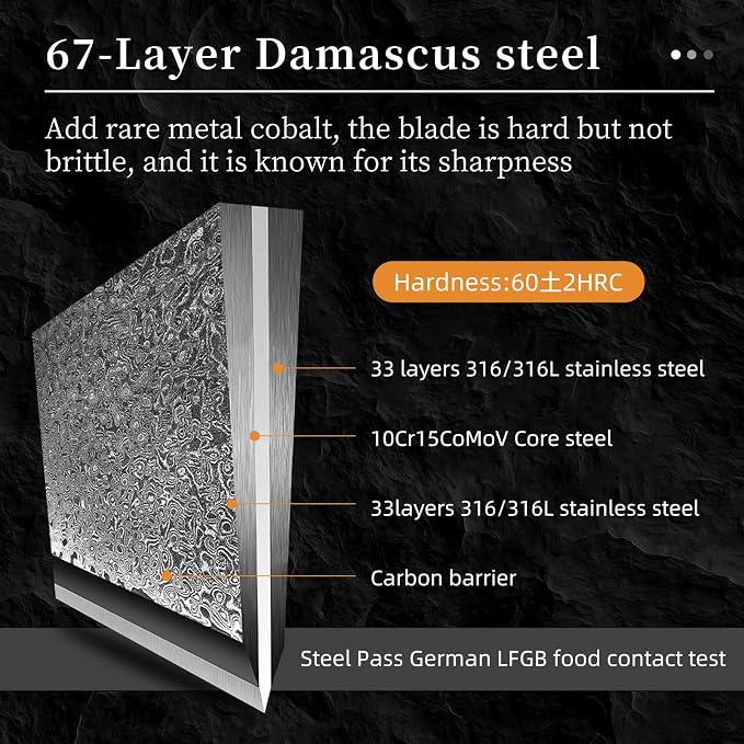 Damascus Kitchen Knife Set with Block, 9-Piece 67-Layer VG10 Damascus Steel Knife Set with Triple-Rivet Handles, Chef, Santoku, Utility, Bread & Paring Knives, Sharpener, Shears, Grey