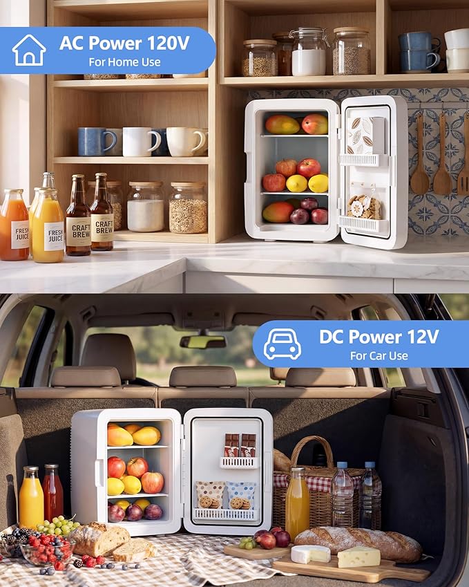 Electactic 10L Mini Fridge, Portable Compact Refrigerator, 2.6 Gal Skincare Cooler with AC/DC Adapter, Quiet Small Personal Fridge for Beverage, Food, Makeup, Bedroom, Office, White