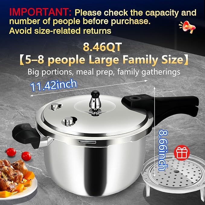 8QT Stainless Steel Pressure Cooker, Heavy Duty Food Grade 304 Pressure Canner with Safety Valve & Heat-Resistant Handle, Compatible with All Stovetops for Home Cooking & Canning