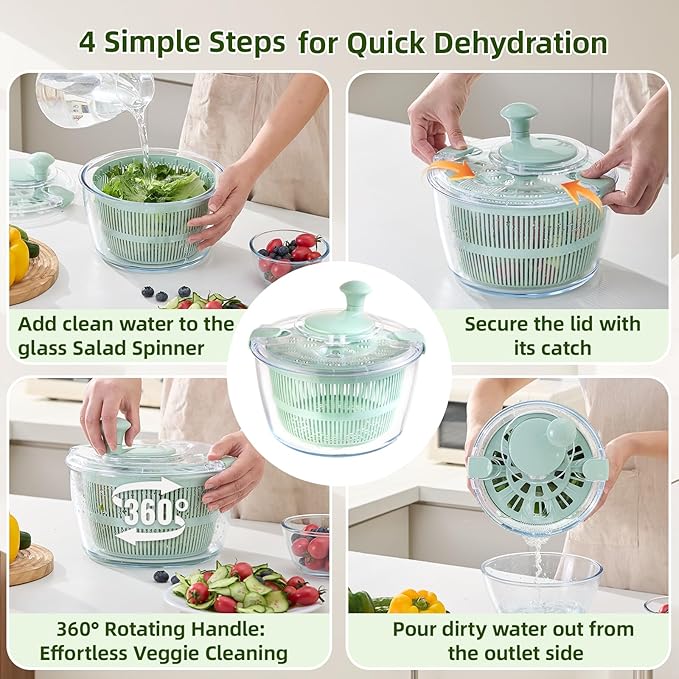 Borosilicate Glass Large Salad Spinner & Vegetable Washer - 5.2 Quart BPA-Free Dehydrator with Handle Includes 5 Chopping Blades Slicer, Drain Bowl Dishwasher Safe - Perfect for Lettuce Fruit Veggies
