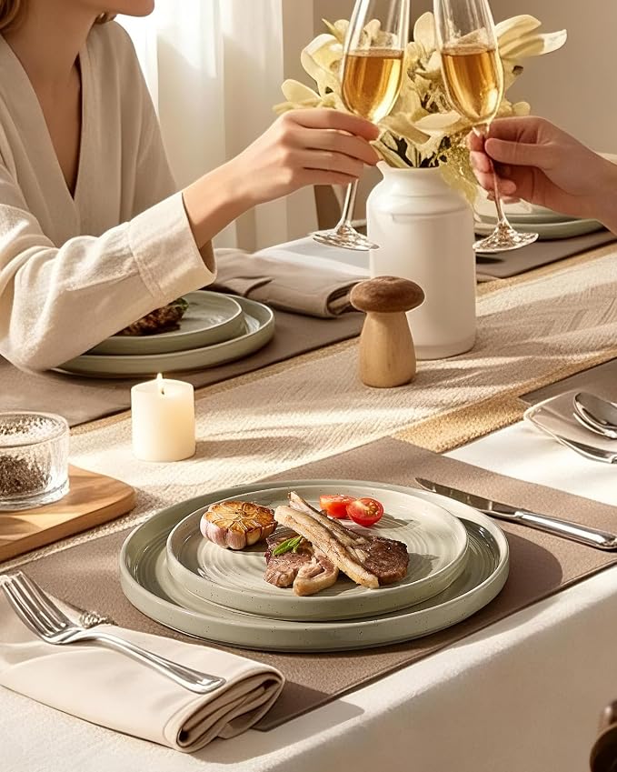 Stoneware Dinnerware Sets for 4, 12-Piece High Edge Plates and Bowls with Speckled Glaze & Spiral Design - Chip & Scratch Resistant, Microwave & Dishwasher Safe - Farmhouse, Honey
