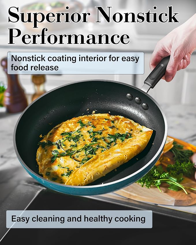 Cook N Home Professional Pots and Pans Nonstick Cookware Set, Kitchen Cooking Set with Frying Pans and Saucepans, Induction Compatible, 12-Piece, Turquoise