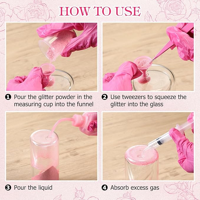 Baderke 20 Pcs Snow Globe Tumbler DIY Kit 16 oz Tumbler Squeeze Bottle, Glitter, Funnel Tweezer Silicone Cup Cradle Measuring Cup Glove Flashlight Buffer for Beginner(Pink,Classic)