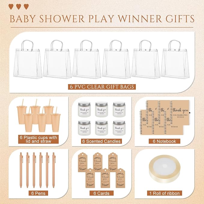 Nuogo 6 Sets New Parent Shower Prizes for Player Winners Adult, Wedding Bridal Shower Gift, Plastic Tumbler Notebook Scented Candle Ballpoint Pen Bag (Neutral,Classic Style)