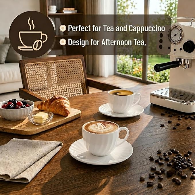 Fine Bone China Cappuccino Cups with Saucers Set of 2, 7 Oz Lightweight Coffee Tea Cups, Spiral Pattern Espresso Cups for Latte, Mocha, Macchiato, Afternoon Tea Gift