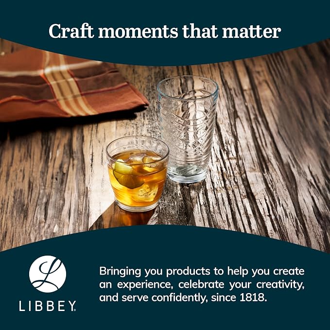 Libbey Orbita Rocks and Tumbler Drinking Glasses Set of 16, Durable Glass Cups Set with Wave Pattern, Glassware Drinking Glasses for Any Occasion
