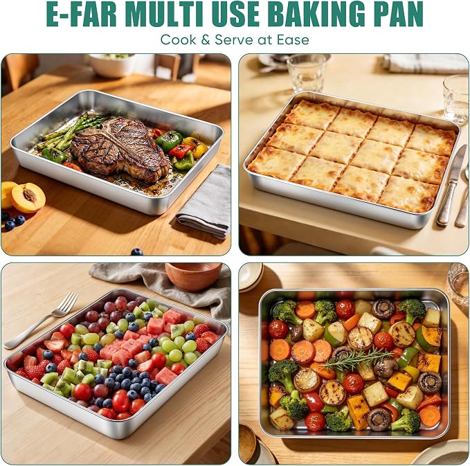 E-far Lasagna Pan, Stainless Steel Rectangular Baking Pan, 12⅓x9¾x2 Inch Sheet Cake Pan Metal Bakeware Oven Tray for Brownie Casserole, No-Toxic & Heavy Duty, Rust-Resistance & Dishwasher Safe