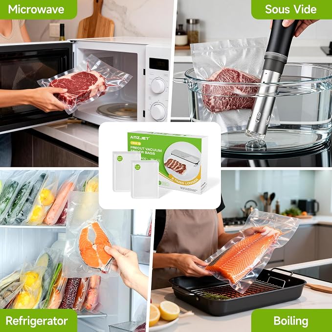 Vacuum Sealer Bags for Food, 200 Count, 8" x 10" Pre Cut Vacuum Seal Bags, BPA Free Embossed Food Saver Vacuum Sealer Bags for Freezer Storage, Meal Prep, Sous Vide, Heavy Duty Commercial Grade