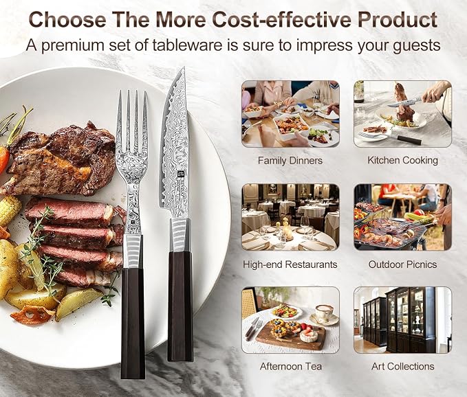 XINZUO Damascus Steel Non Serrated Steak Knife And Fork Set Of 2,67-Layer Damascus Steel Table Fork And Knife With Ebony Handle,Includes 5 Inch Steak Knife And Fork