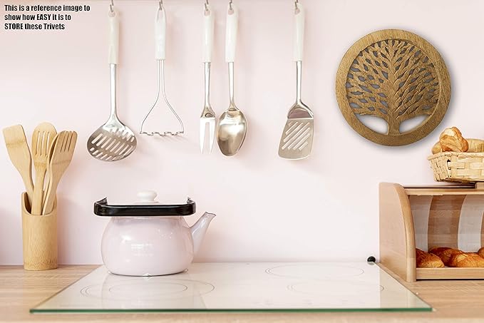 Cooking Gifts Set of 2 Wooden Trivets for Hot Dishes Pots and Pans Tea Pot Holders Nonslip Heat Resistant Kitchen Counter Accessories for Table Countertops (TRNAT) 8" Diameter Tree of Life Design