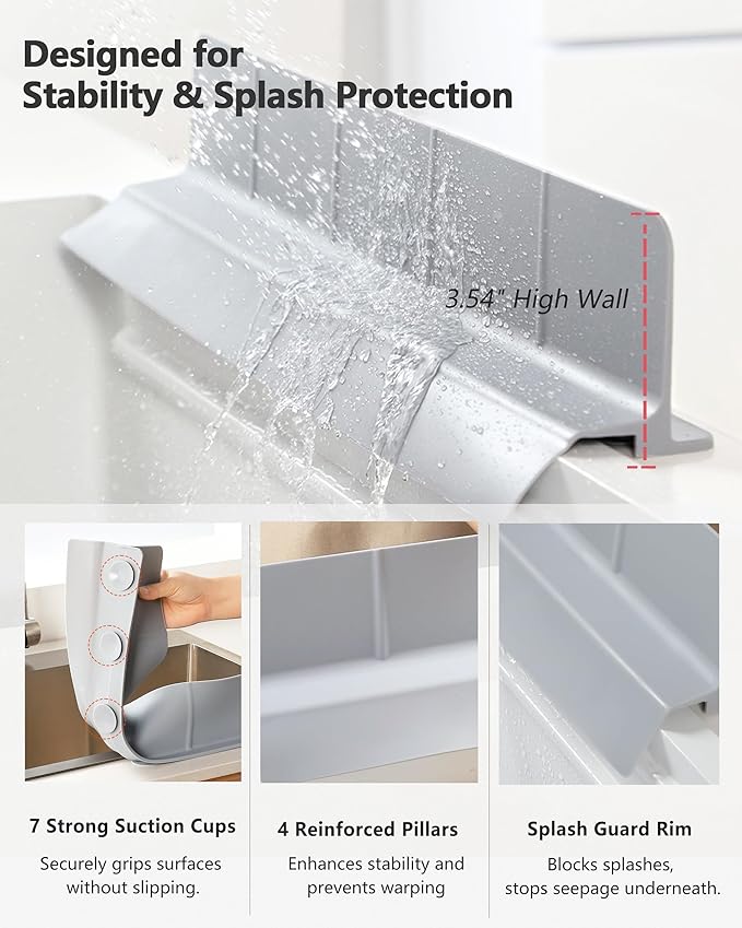Kitchen Sink Splash Guard 30" 23" 18" Self-Draining Silicone Water Guard with High Splash Wall & Strong Suction Cups for Faucet, Countertop & Sink Edge, Keeps Sinks Dry, Dishwasher Safe, Grey