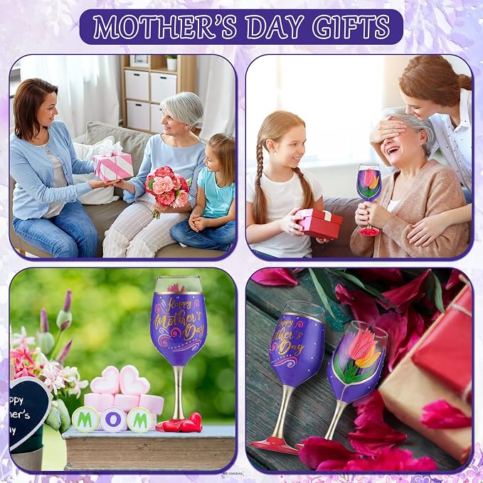SiliFine 4 Pcs Tulip Party Stemmed Wine Glasses Hand Painted Tulip Flower Drinking Cup Wine Glasses Gifts for Mom Grandmother Mother in Law Birthday Holiday Party Supplies