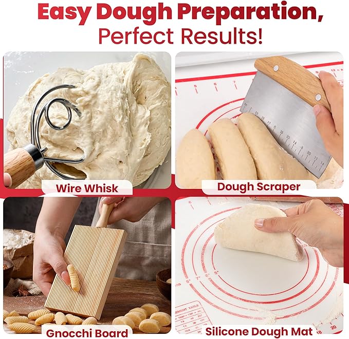 Pasta Making Tools Set 14 PCS, Pasta Maker Kit with Drying Rack, Ravioli Maker Press, Pasta Cutting Tools, Beech Wood Rolling Pins, Gnocchi Board, Homemade Pasta Accessories Set