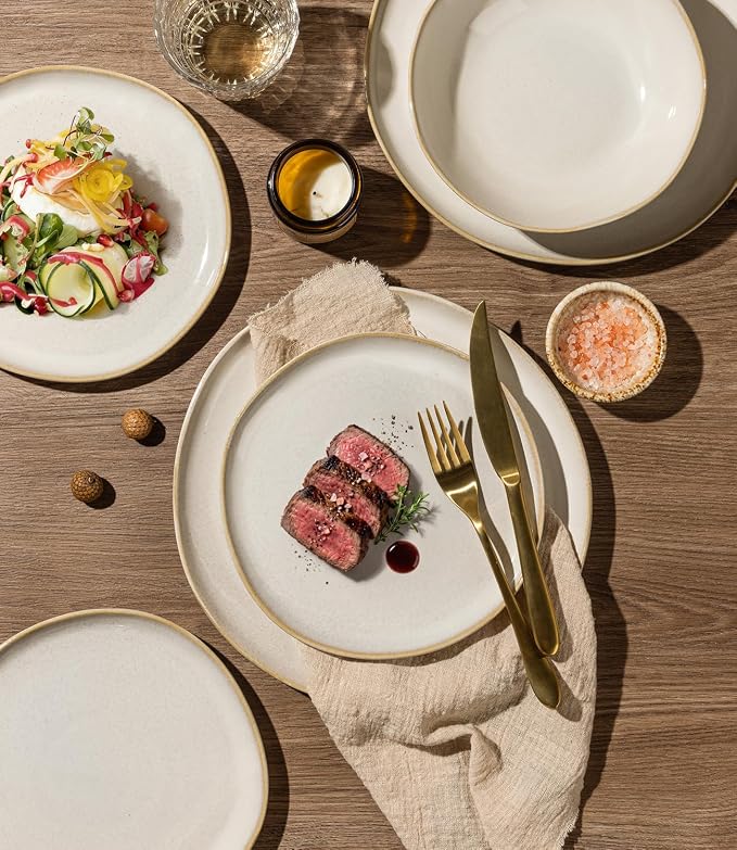 GBHOME Stoneware Dinnerware Sets for 6, 18 Pieces Rustic Earthenware Plates and Bowls Set, Handmade Reactive Glaze Ceramic Plate Sets, Chip Resistant Dishes, Microwave & Dishwasher Safe, Vanilla Cream