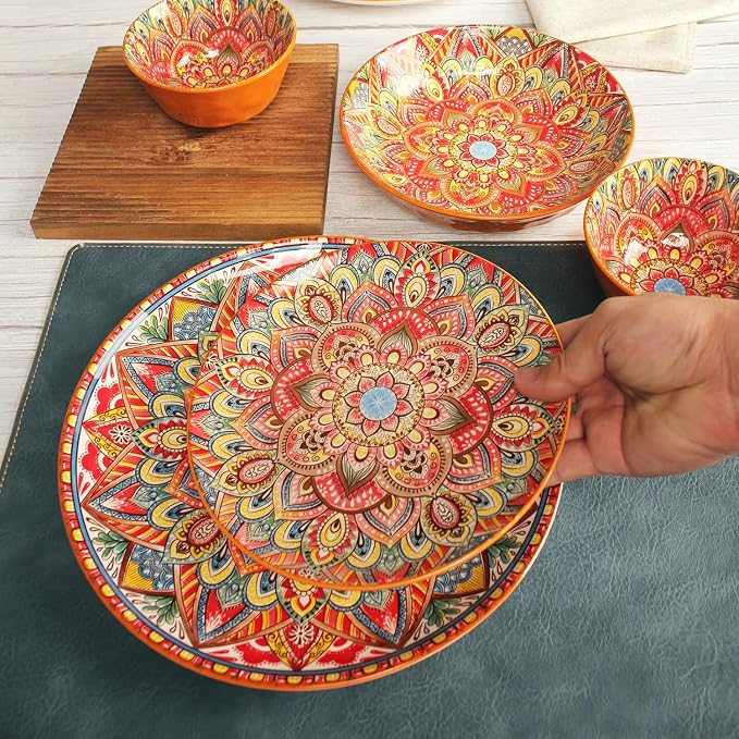 YA JU Mandala Dinnerware Sets (12 Pcs) Serves 4, Buffet Dinnerware, Boho Plates and Bowls Dish Set with 8" salad Plate 10" dinner Plate 4.8" bowl, apply Casual dining Indoor Outdoor Dining Part