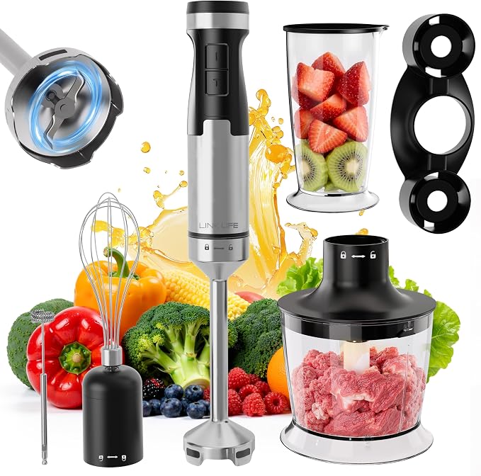 1200W Immersion Blender Handheld, 5-in-1 Variable Speed Emulsifier Hand Blender Stick with Whisk Chopper Milk Frother Mixing Cup and Storage Rack for Kitchen Soup, Purees, Baby Food and Smoothies