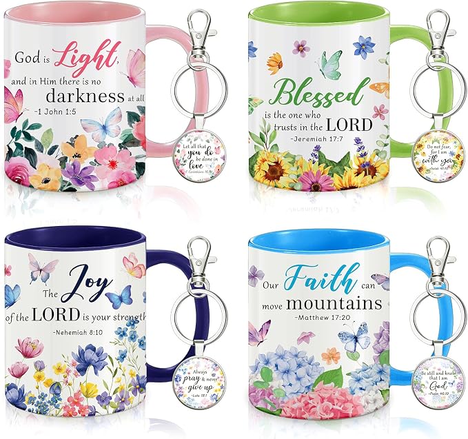 Ziliny 4 Sets Christian Gifts for Women, 11oz Floral Coffee Mugs with Bible Verse Keychains,Mother's Day Christian Tea Cup Set, Inspirational Watercolor Flower Appreciation Gift
