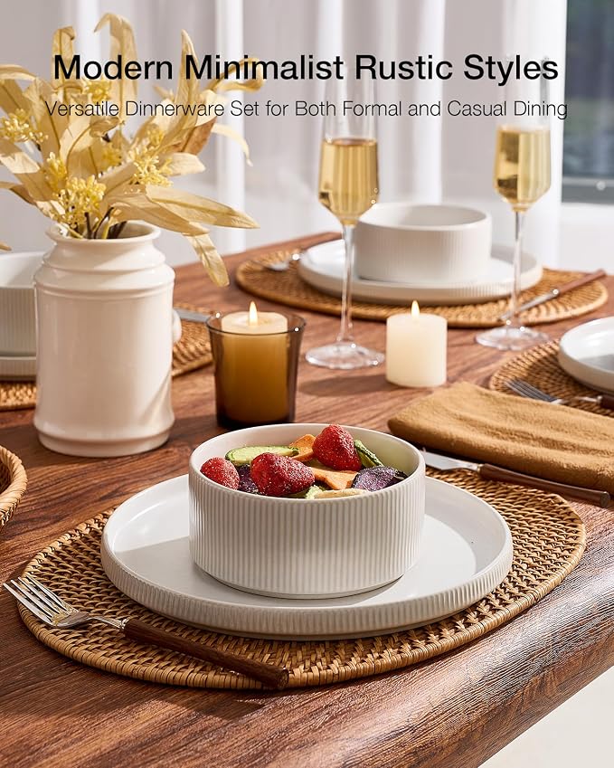 Famiware Star 8-Piece Stoneware Dinnerware Sets for 4 – 10.5" Flat Dinner Plates & 23 oz Deep Cereal Bowls, for Everyday & Formal Use, Chip & Scratch Resistant, Microwave/Dishwasher Safe, Matte White