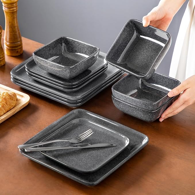 vancasso Stern Gray Dinner Set Square Reactive Glaze Tableware 12 Pieces Kitchen Dinnerware Stoneware Crockery Set with Dinner Plate, Dessert Plate, Bowl Service for 4