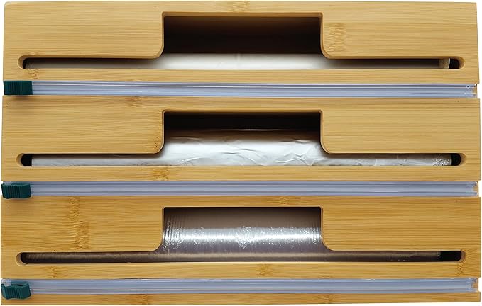 HELIA Bamboo Kitchen Wrap Organizer | Wall Mounting Solid Bamboo Foil and Plastic Wrap Dispenser with Sliding Cutters | Aluminum Foil and Plastic Wrap Dispenser with Cutter