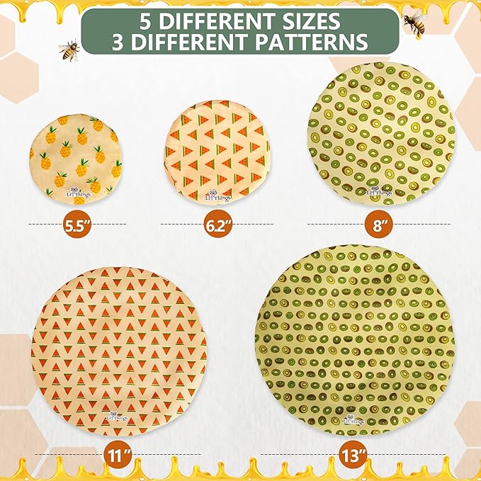 Beeswax Bowl Covers Set of 5 (XS–XL) – Reusable Elastic Food Covers for Bowls – Organic Cotton with Beeswax, Washable & Plastic-Free | Li’l Things- Fruity Fruit