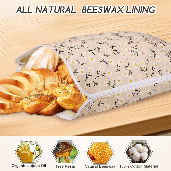 Wide Zipper Beeswax Bread Bags for Homemade Bread, 2 Pack Sourdough Bread Bags for Storage XL 17x13 Inch, Cotton Large Reusable Bread Bag - Keep Fresh, Freezer Safe