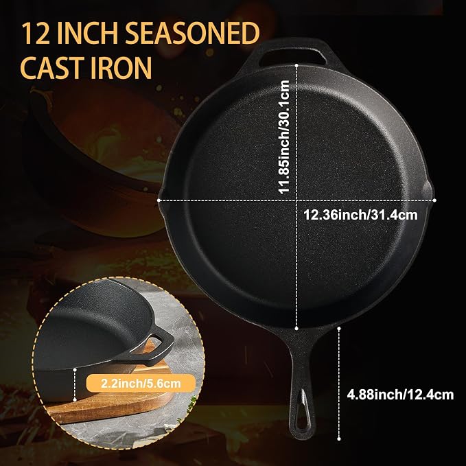 EWFEN Cast Iron Skillet 12 Inch, Pre-Seasoned Frying Pan, Heavy-Duty Professional Restaurant Chef Quality Cookware with Drip Spout, Indoor & Outdoor Use, Compatible with Oven, Stove, Grill & Campfire