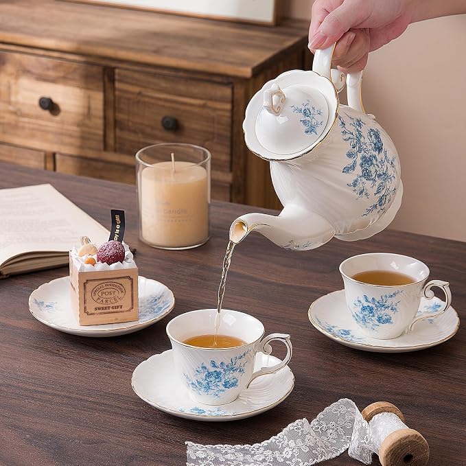 Agyiuns tea cups and saucers ceramic coffee mug 6oz for Coffee, Latte, Cafe Mocha and Tea-Set of 4,Blue